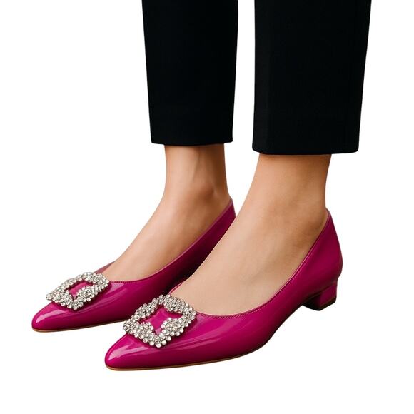 Manolo Blahnik Pink Hangisi Pointed Toe Patent Leather Flats Size 38 - Picture 2 of 16